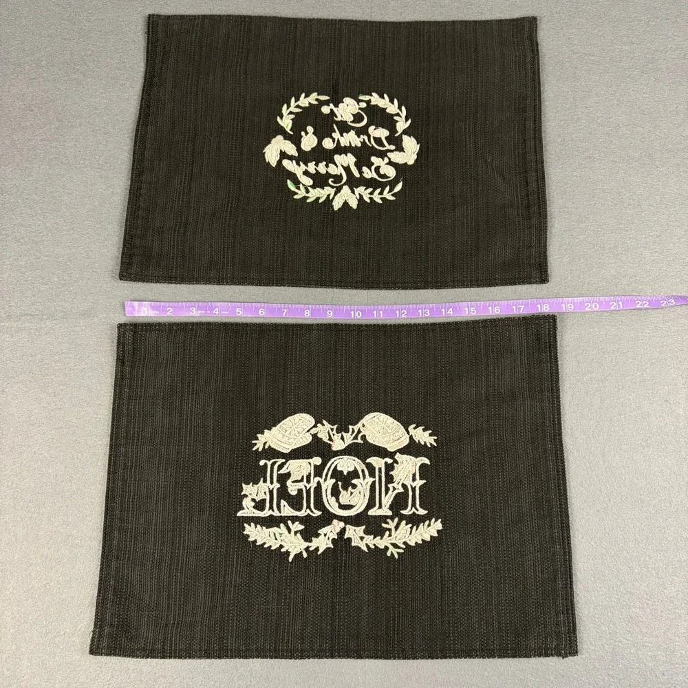 Lot of 4 Christmas Black Dark Fabric Rectangular Placemats Cursive Metallic READ